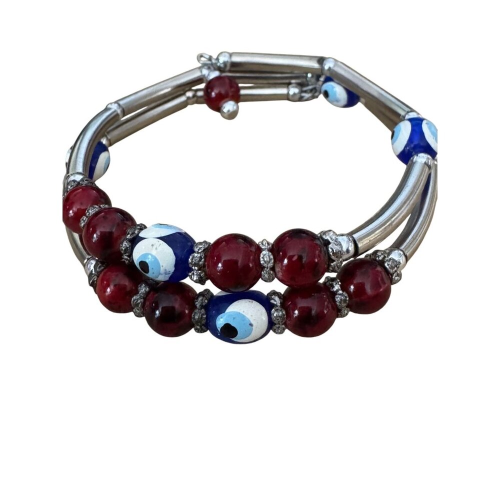Murano Glass Evil Eye Beaded Wrap Bracelet Red & Blue Silver Tone Adjustable Han